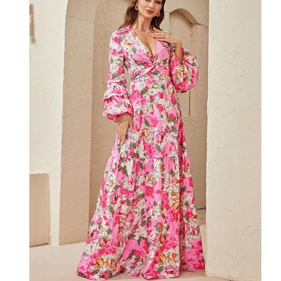 Floral V-Neck Flounce Sleeve Ruffle Hem Maxi Dress - Pink - Picture 4 of 6